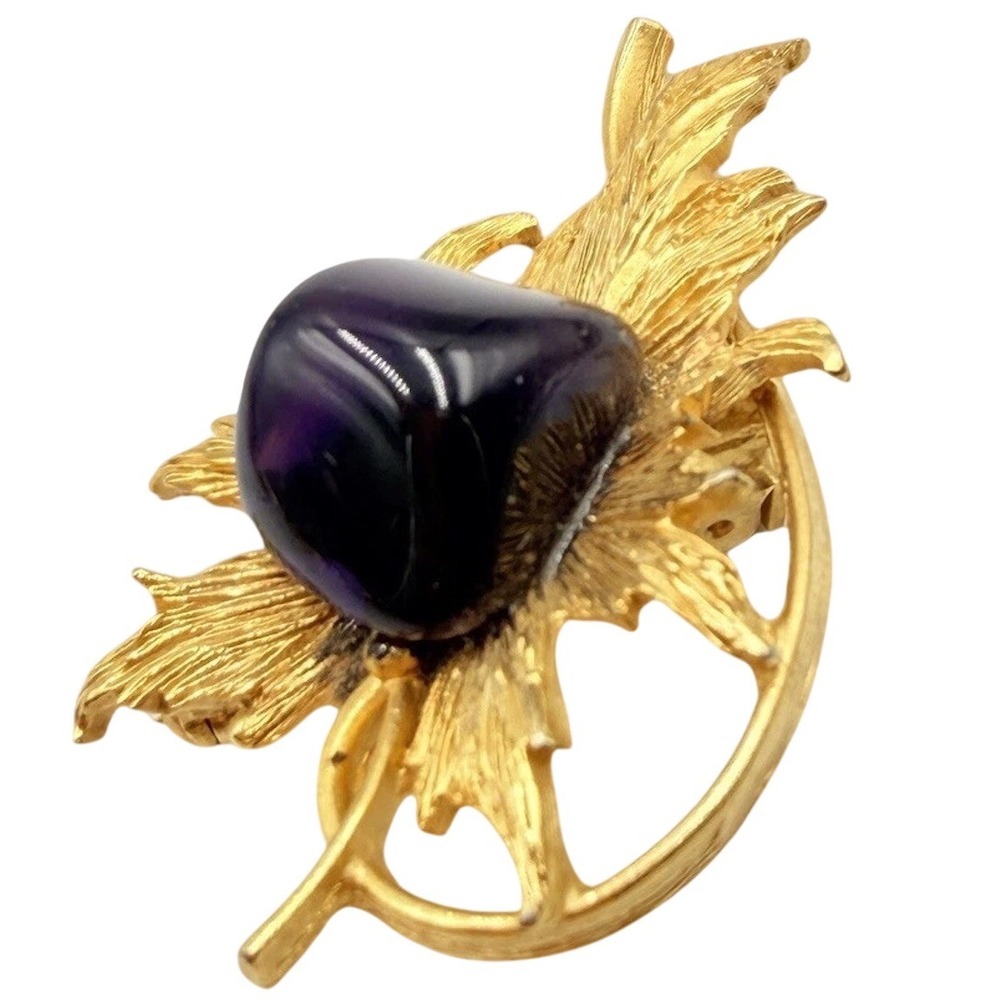 Vintage BAROS Gold Tone Leaf Brooch Purple Glass Cabochon Pin H526